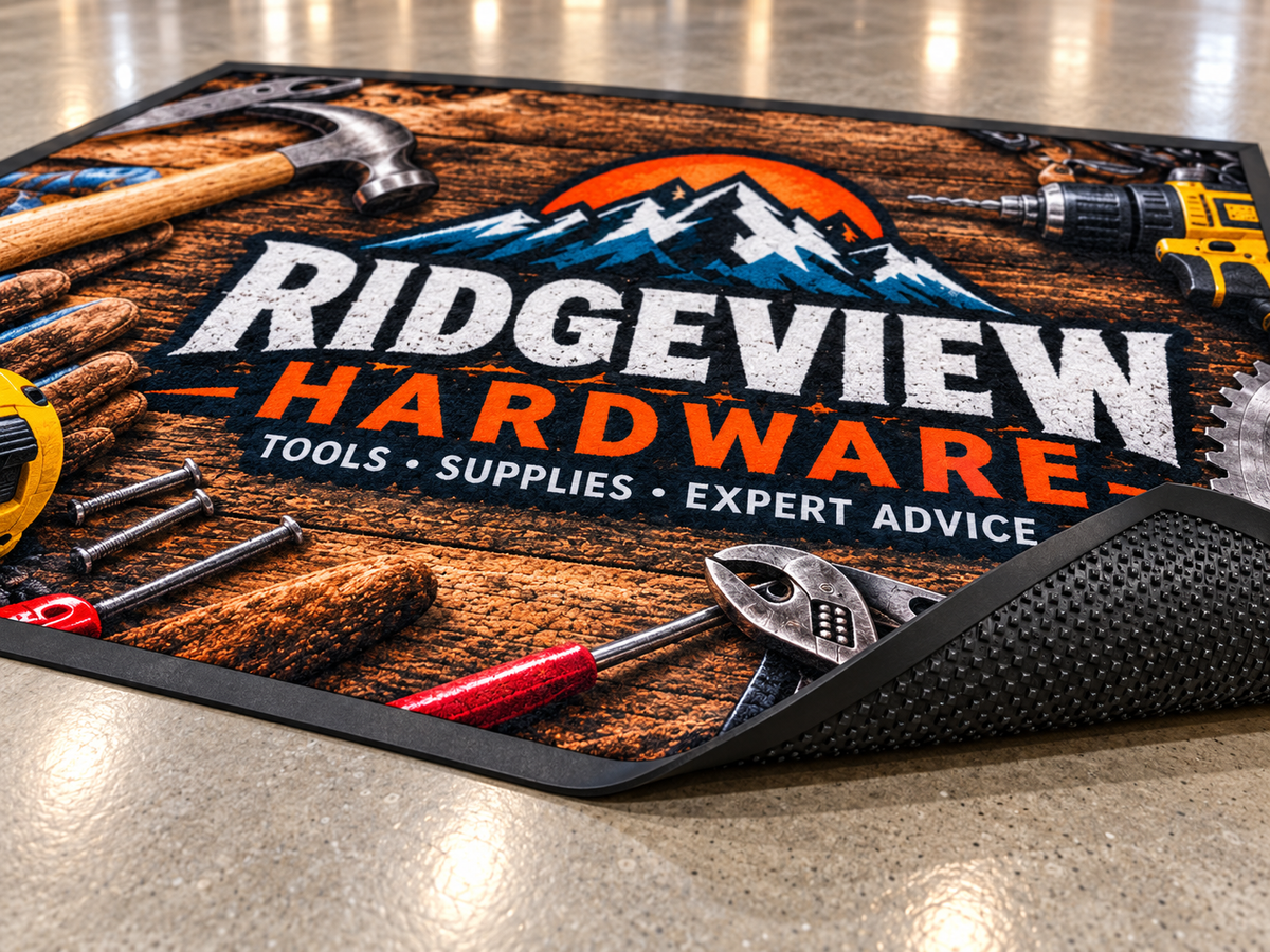 Computer Dyed Photorealistic Logo Mat with Rubber Backing edge and backing construction