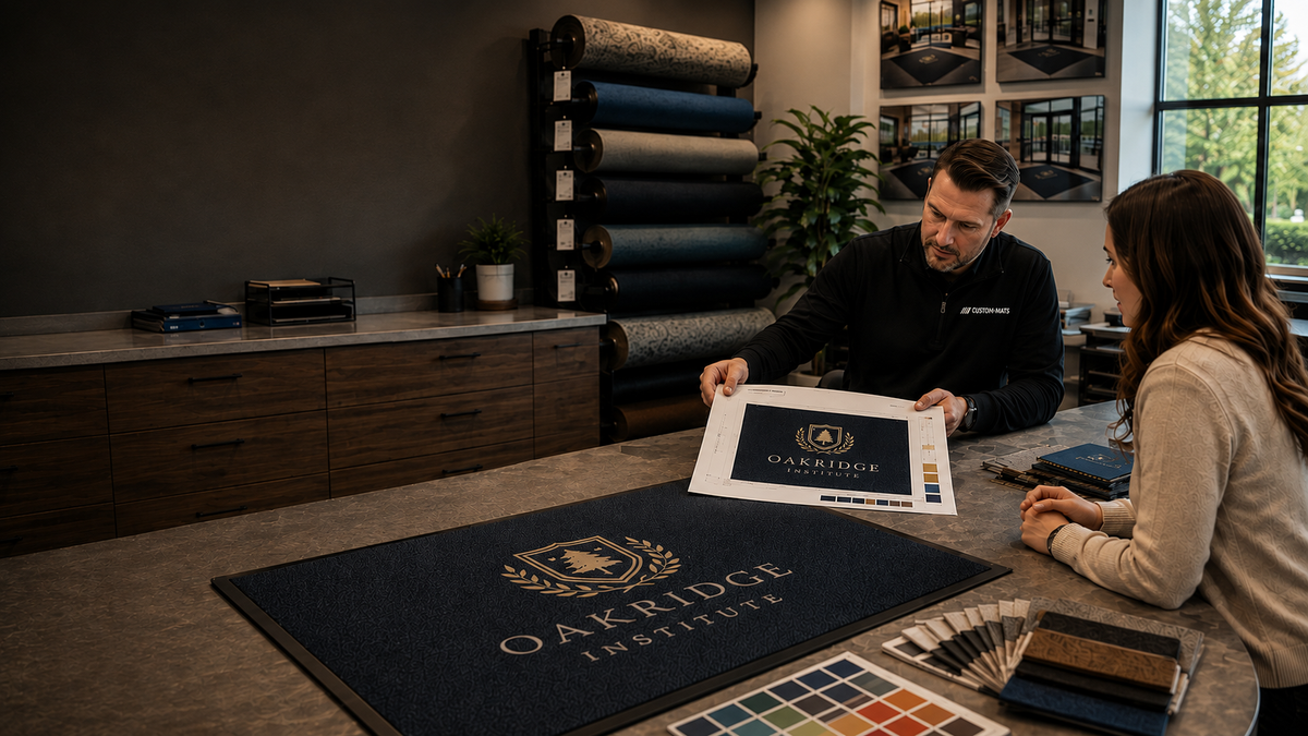 A man and a woman sit at a table in a showroom, looking at a custom printed mat featuring the Oakridge Institute logo. The man holds up the mat for display, with carpet rolls and color swatches visible in the background.