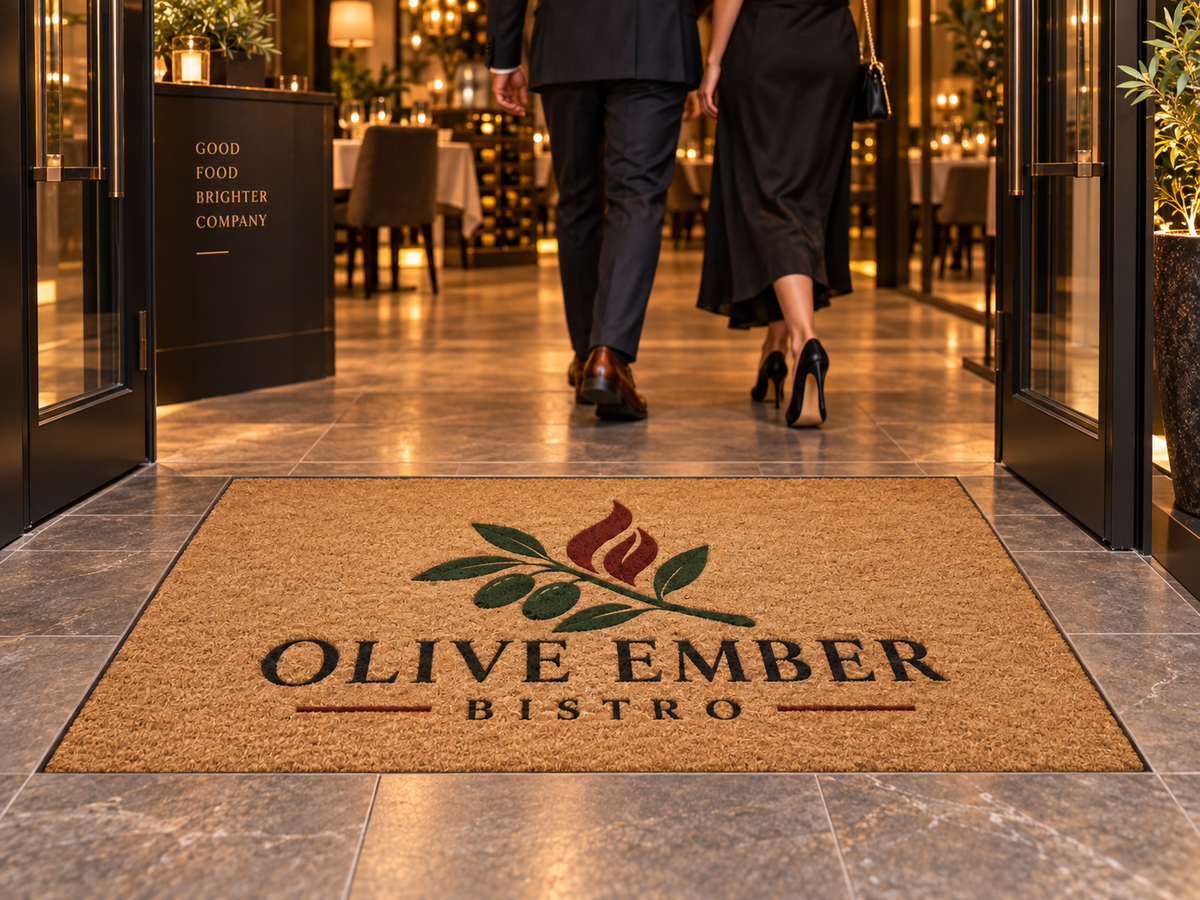 Designer Coir Custom Logo Mat shown in a commercial setting
