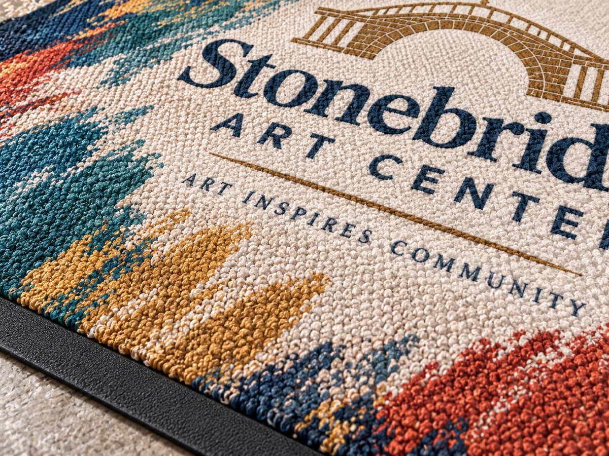 Close-up of Berber Impressions HD Logo Mat surface texture and logo detail