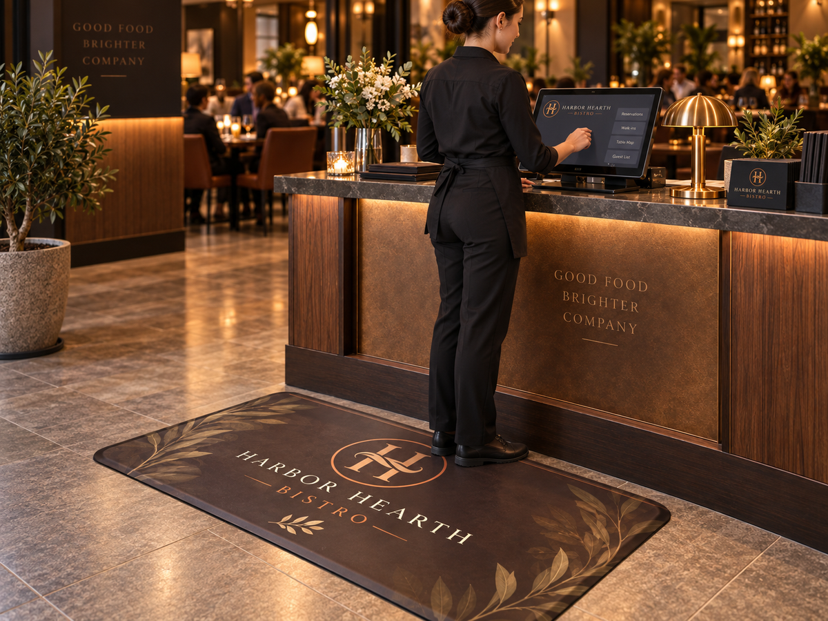 Branded Comfort Custom Logo Mat shown in a commercial setting