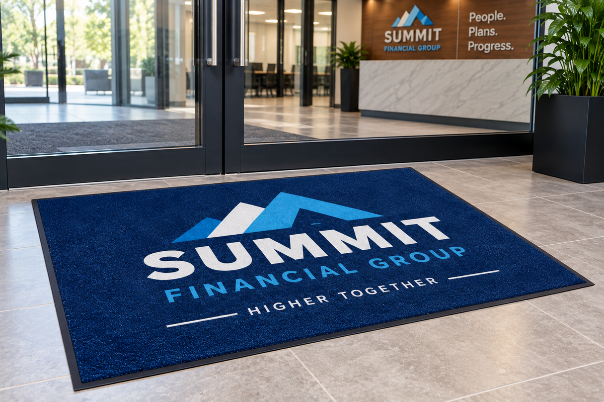 Computer Dyed Custom Logo Floor Mat shown in a commercial setting