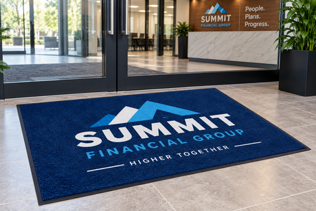 Computer Dyed Custom Logo Floor Mat shown in a commercial setting