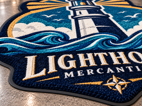 Close-up of Computer Dyed HD Custom Shape Custom Logo Mat surface texture and logo detail