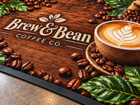 Close-up of Computer Dyed Photorealistic Logo Mat with Vinyl Backing surface texture and logo detail
