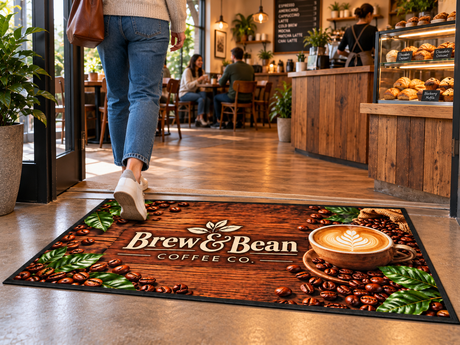Computer Dyed Photorealistic Logo Mat with Vinyl Backing shown in a commercial setting