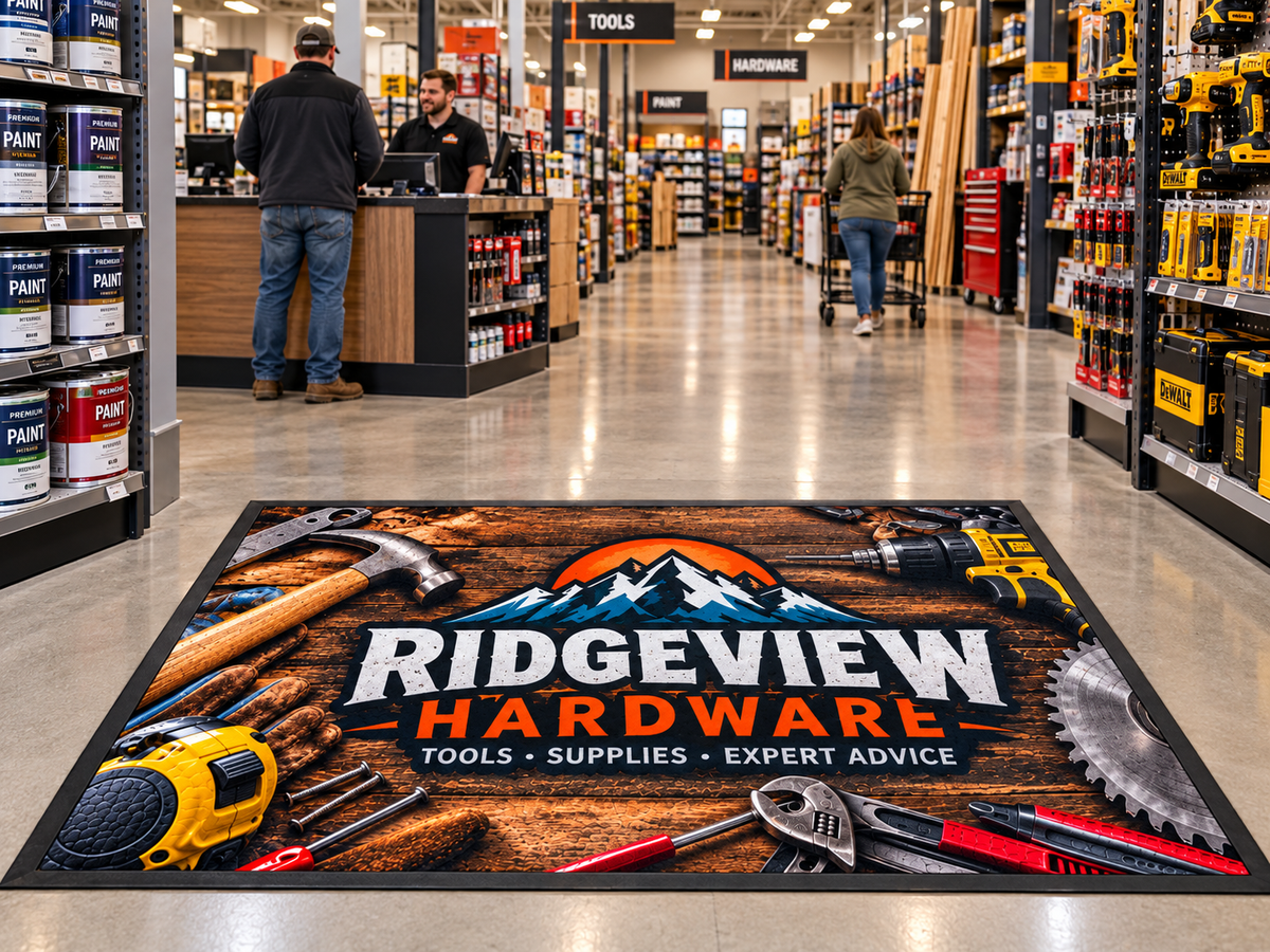 Computer Dyed Photorealistic Logo Mat with Rubber Backing shown in a commercial setting