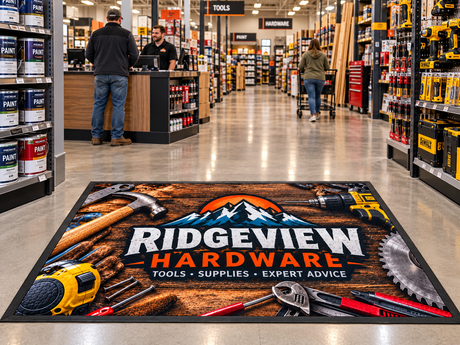 Computer Dyed Photorealistic Logo Mat with Rubber Backing shown in a commercial setting