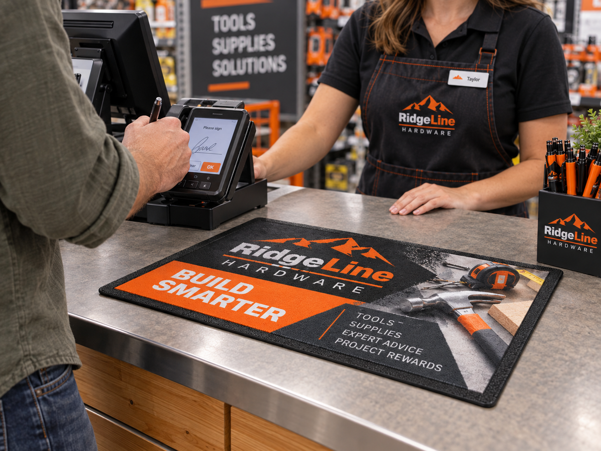Counter Custom Logo Mat shown in a commercial setting