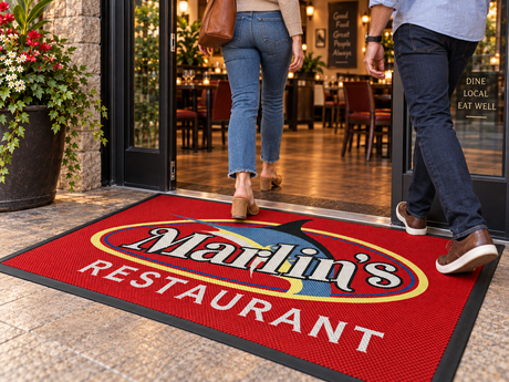 Custom Berber Inlay Logo Mat shown in a commercial setting