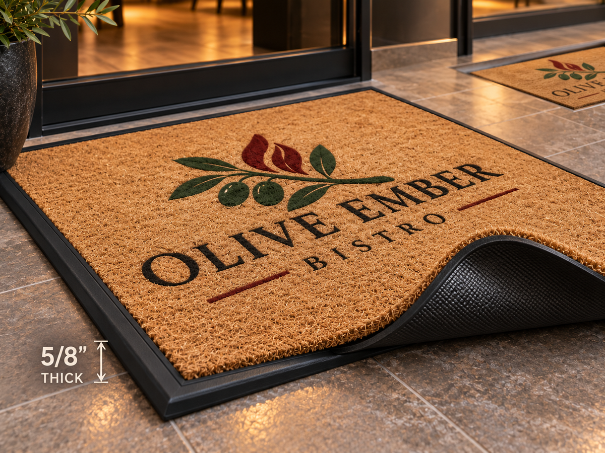 Designer Coir Custom Logo Mat edge and backing construction