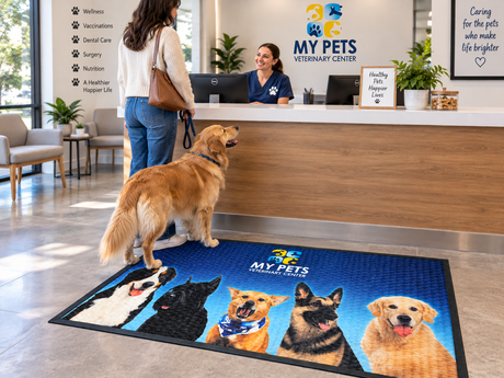 Full Color Rubber P.O.P. Custom Logo Mat shown in a commercial setting