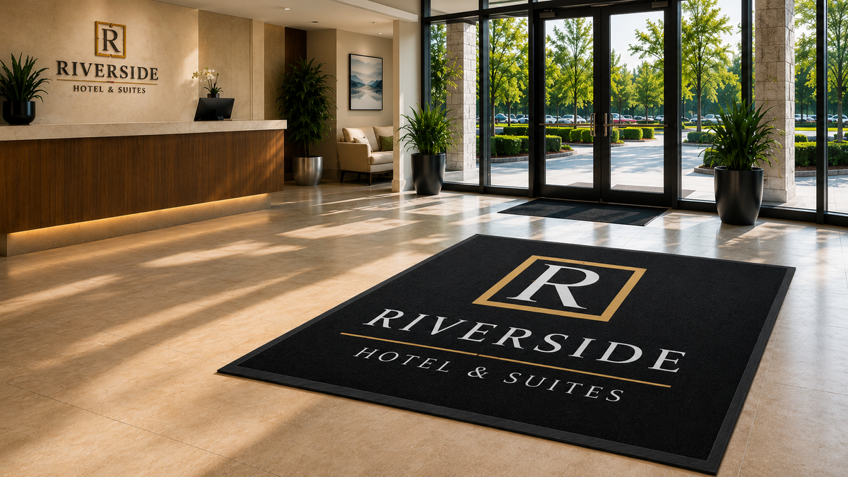 A black lobby mat with a gold and white 'Riverside Hotel & Suites' logo is displayed on the polished beige tile floor in front of the hotel entrance. The background shows a modern hotel lobby with a wooden reception desk, potted plants, and large glass doors.