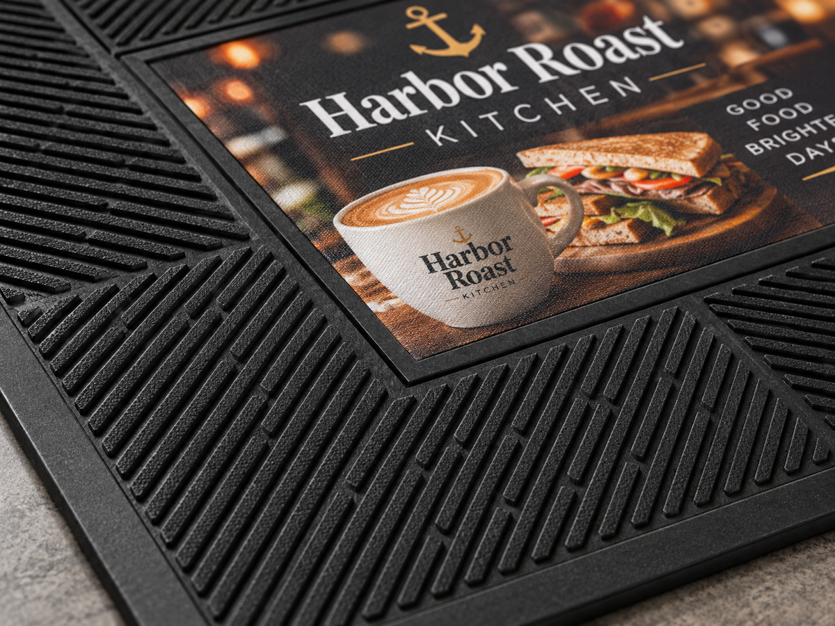 Close-up of POP Scrape Custom Logo Mat surface texture and logo detail