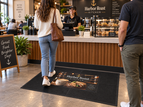 POP Scrape Custom Logo Mat shown in a commercial setting