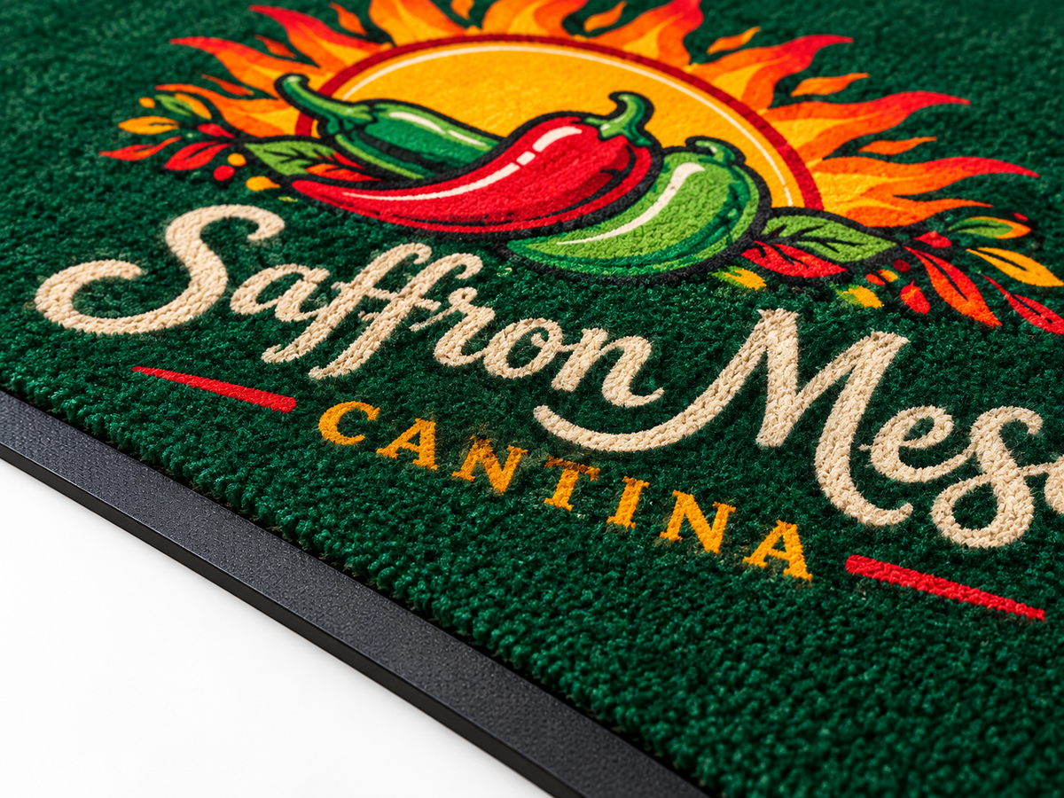 Close-up of Prestige Rubber Logo Mat surface texture and logo detail