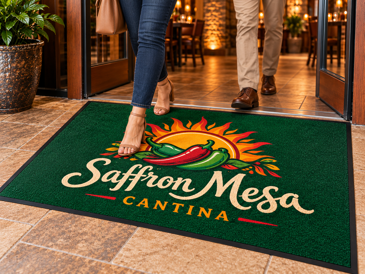 Prestige Rubber Logo Mat shown in a commercial setting