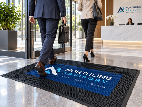 Rubber Scraper Custom Logo Mat shown in a commercial setting