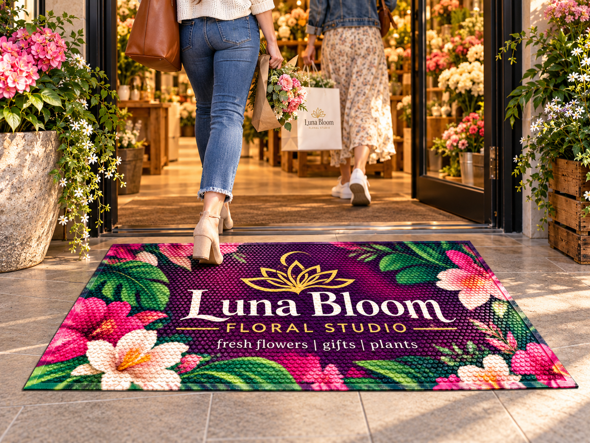 Vinyl Logo Scraper Mat shown in a commercial setting
